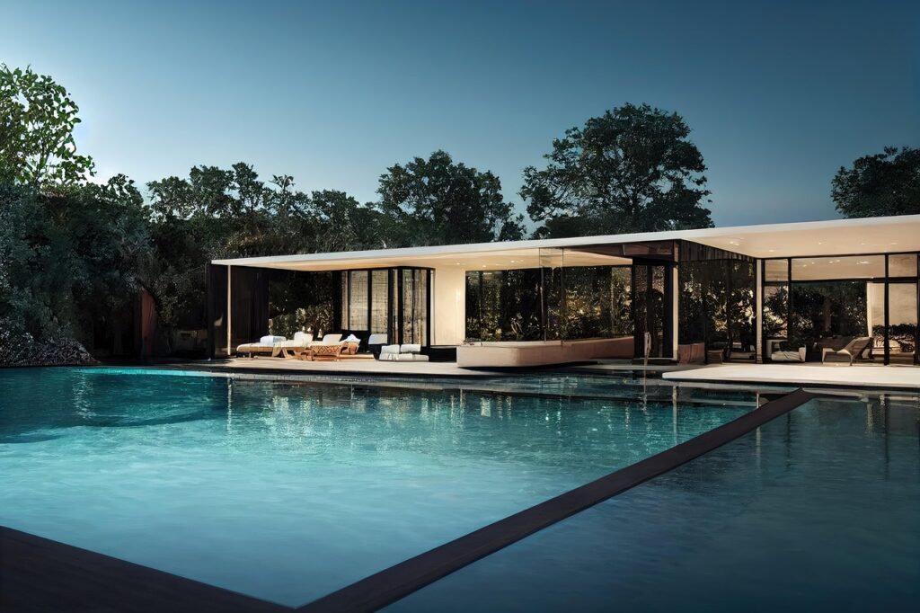 house, home, architecture, interior, exterior, swimming pool, nature, pool, furniture, garden, trees, door, windows, villa